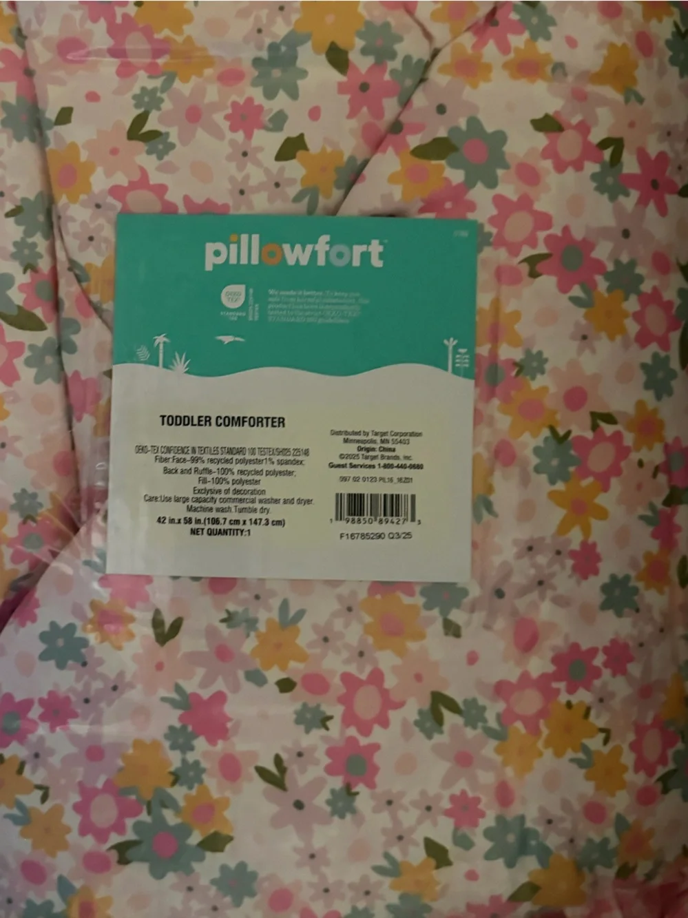 PILLOWFORT NWT Toddler Crinkle Bow Gingham Floral Kids' Comforter -multi